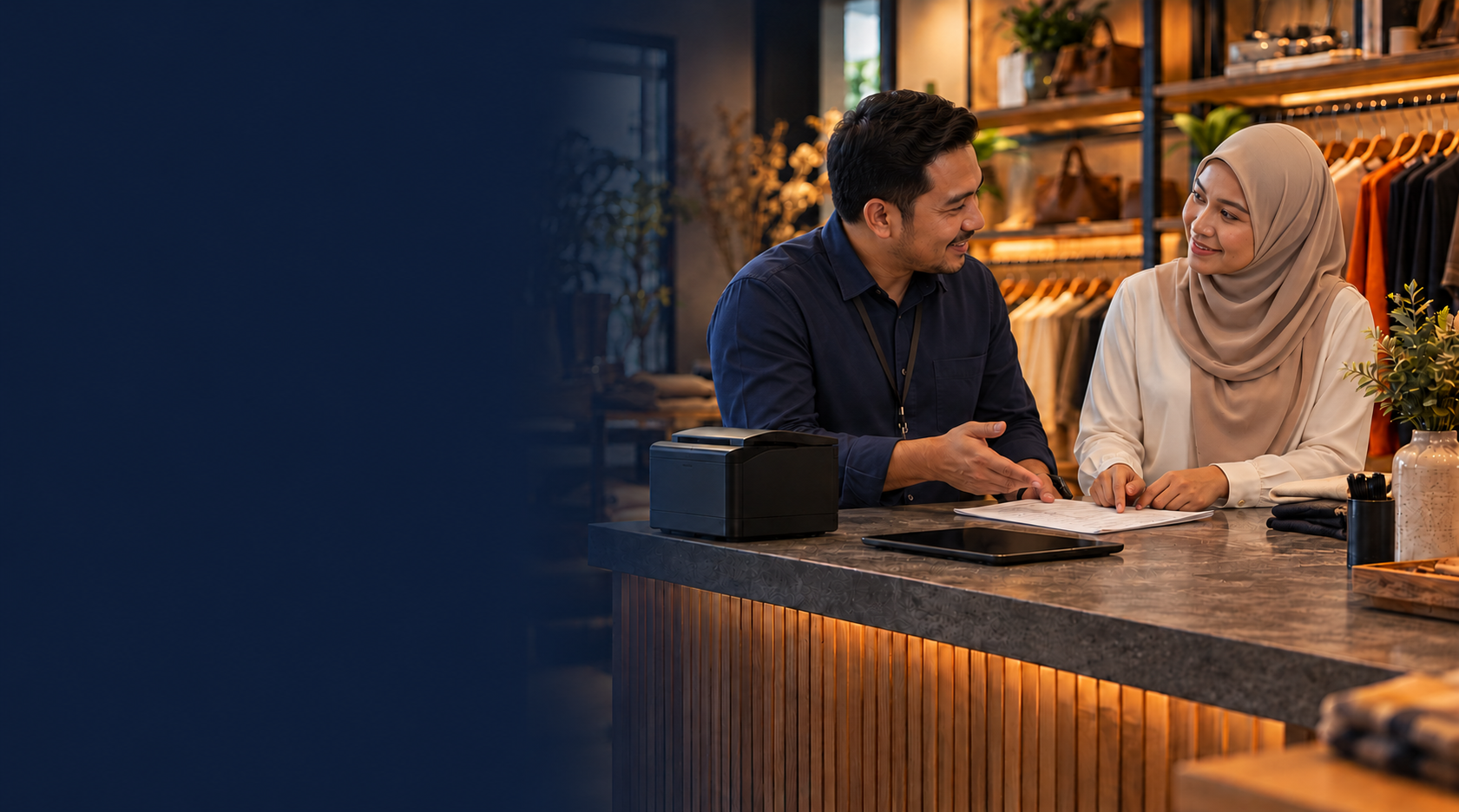 An Internec representative discussing a POS system with a retail business owner at the counter