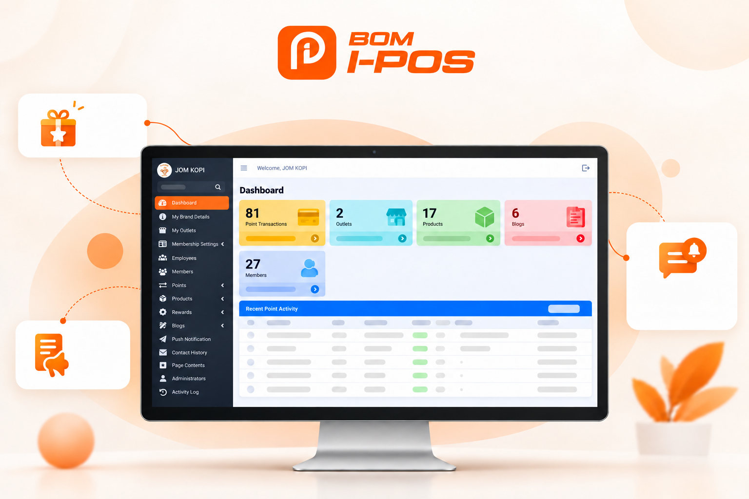 i-POS Engage merchant dashboard with loyalty, marketing, and customer engagement features