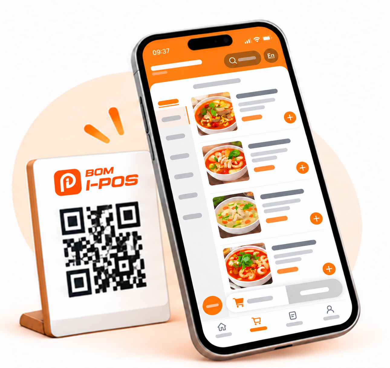 BOM i-POS QR ordering menu displayed on a smartphone beside a QR code stand