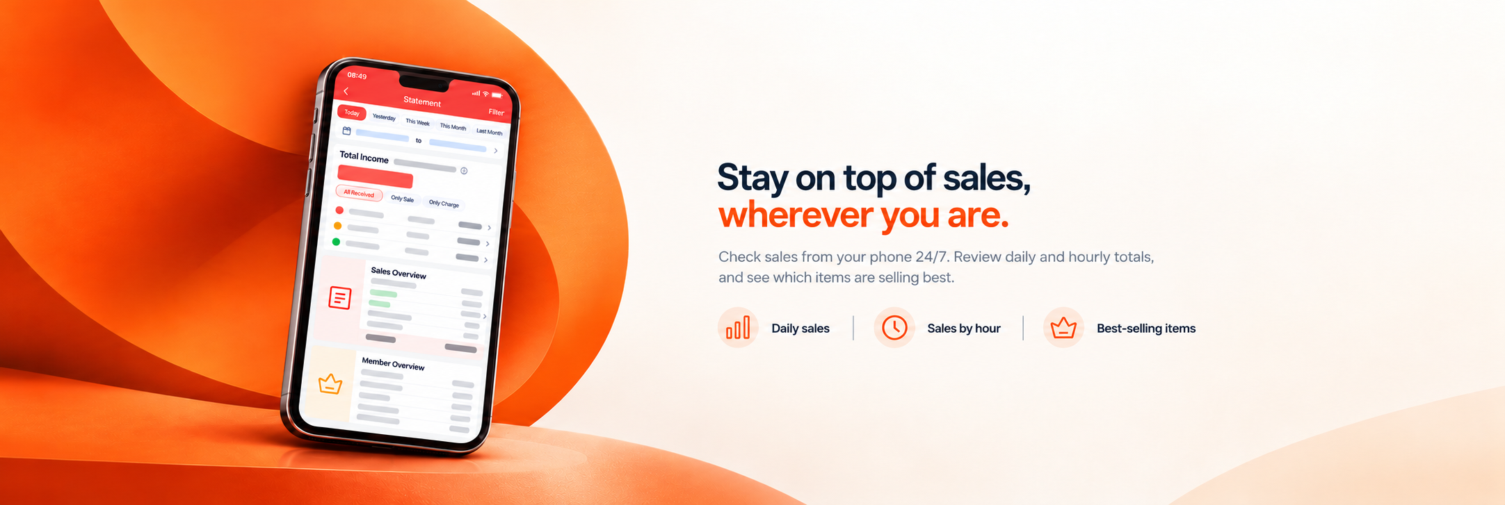 Stay on top of sales, wherever you are. Check sales from your phone 24/7. Review daily and hourly totals, and see which items are selling best.