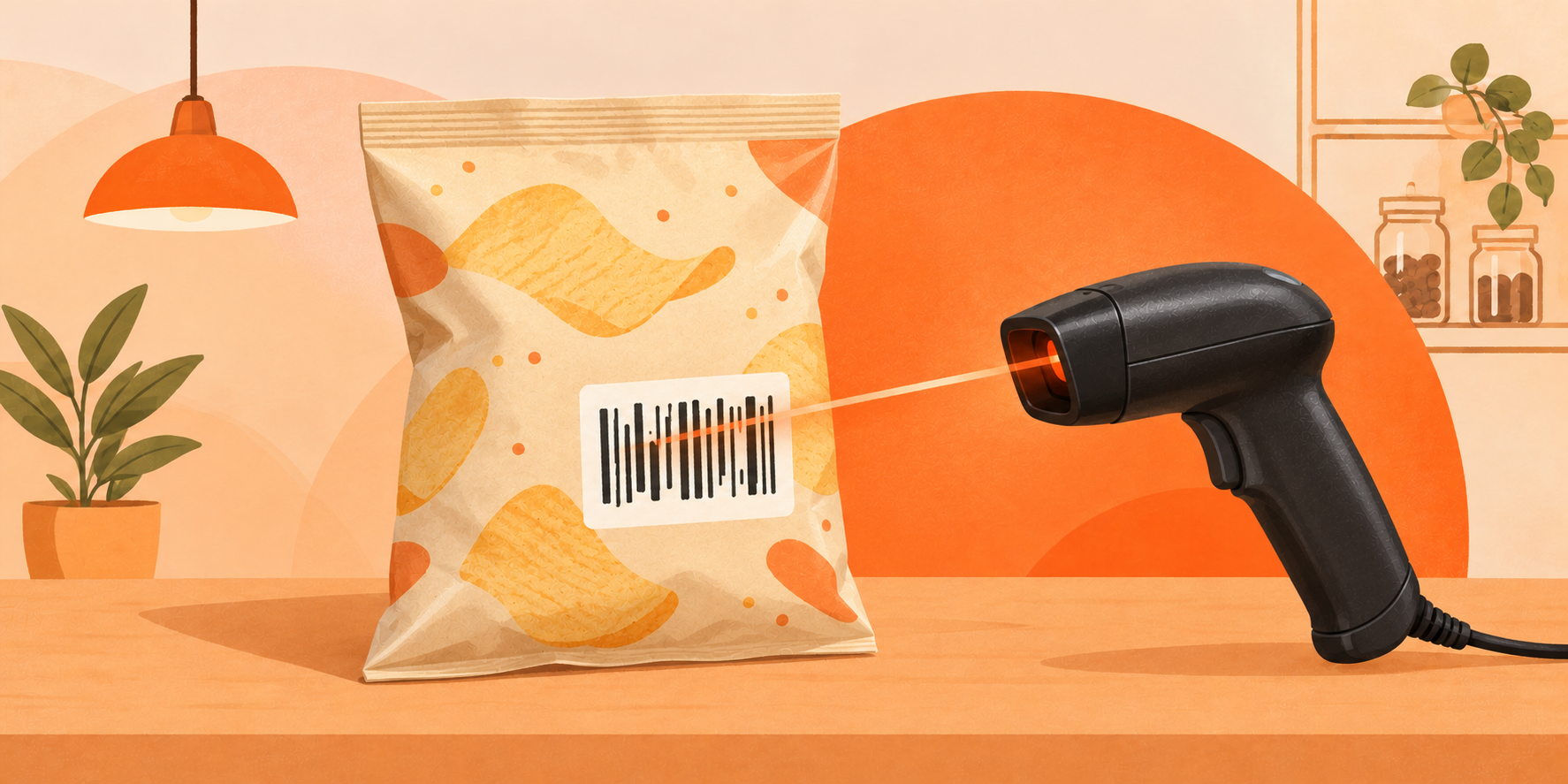 Barcode scanner reading a code on a snack pouch