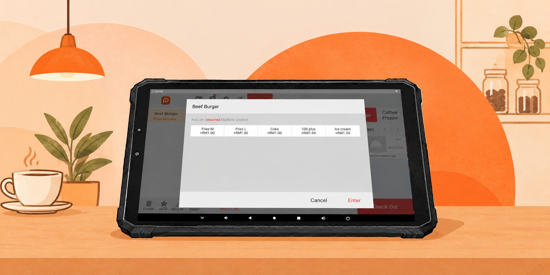 Tablet showing a BOM i-POS order at a cafe counter