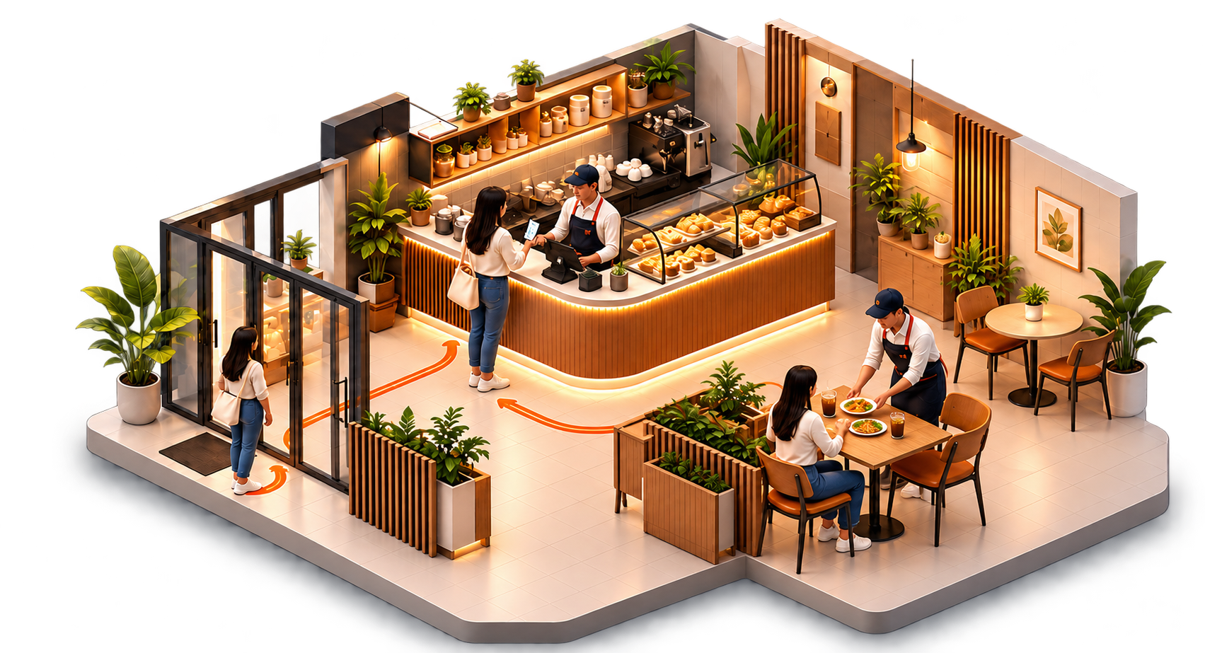 Illustration of a cafe showing counter service, customers and tables