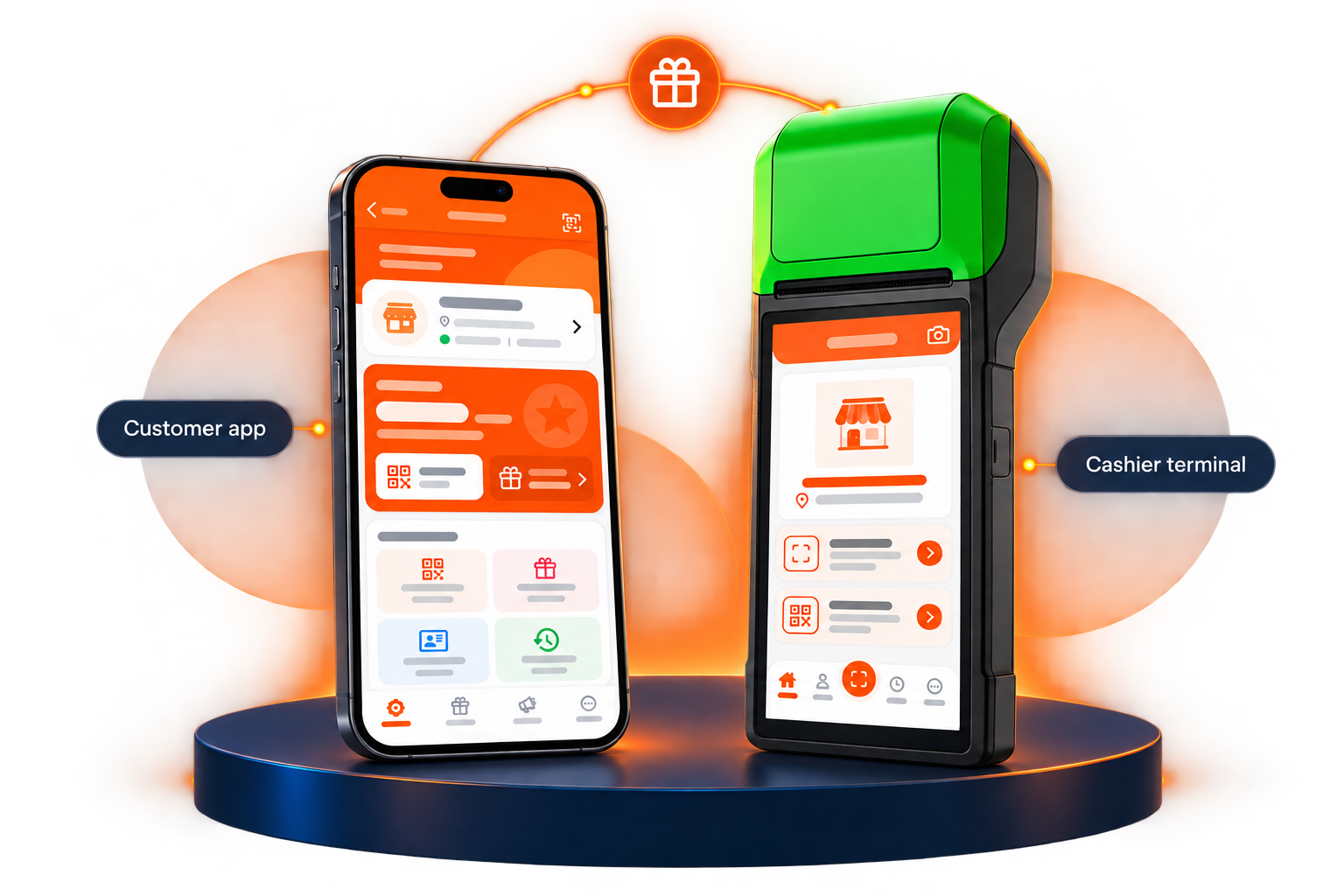 i-POS Engage customer app and cashier terminal showing loyalty rewards features