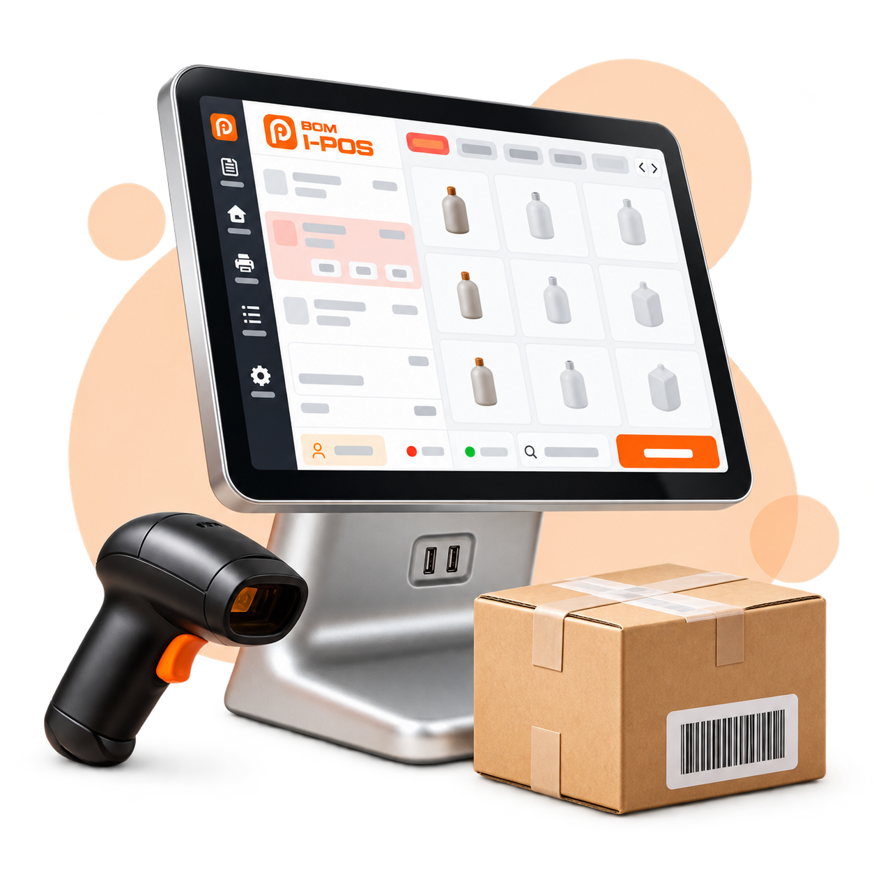 POS terminal, barcode scanner and parcel for entering stock.