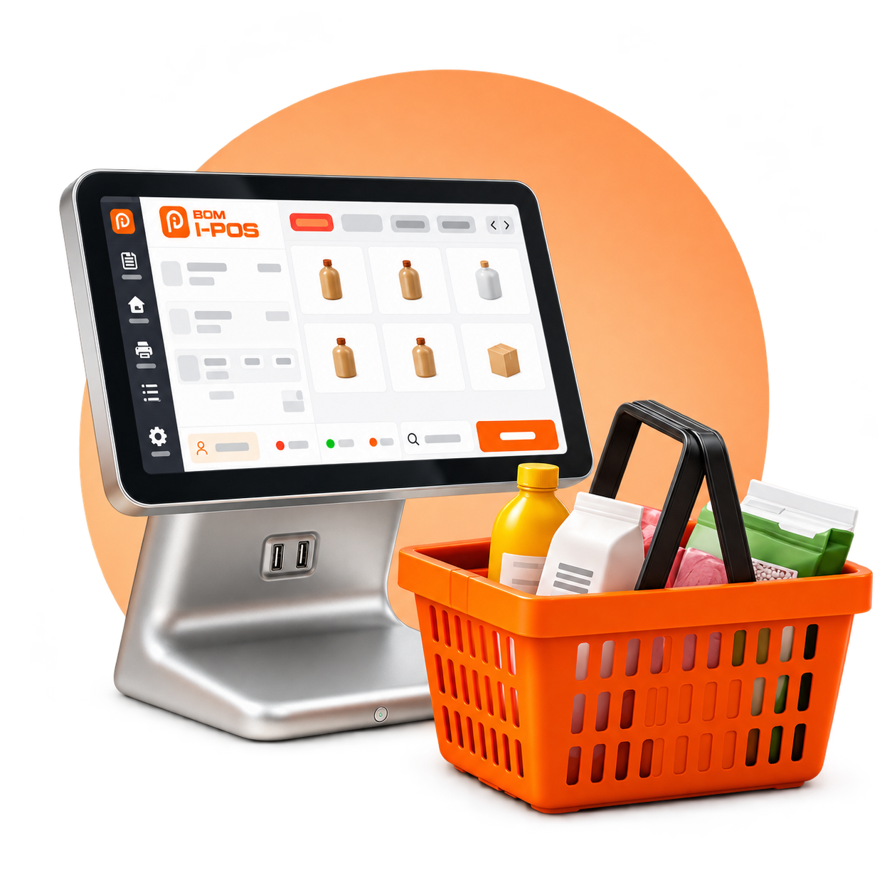 POS terminal and shopping basket during a retail sale.