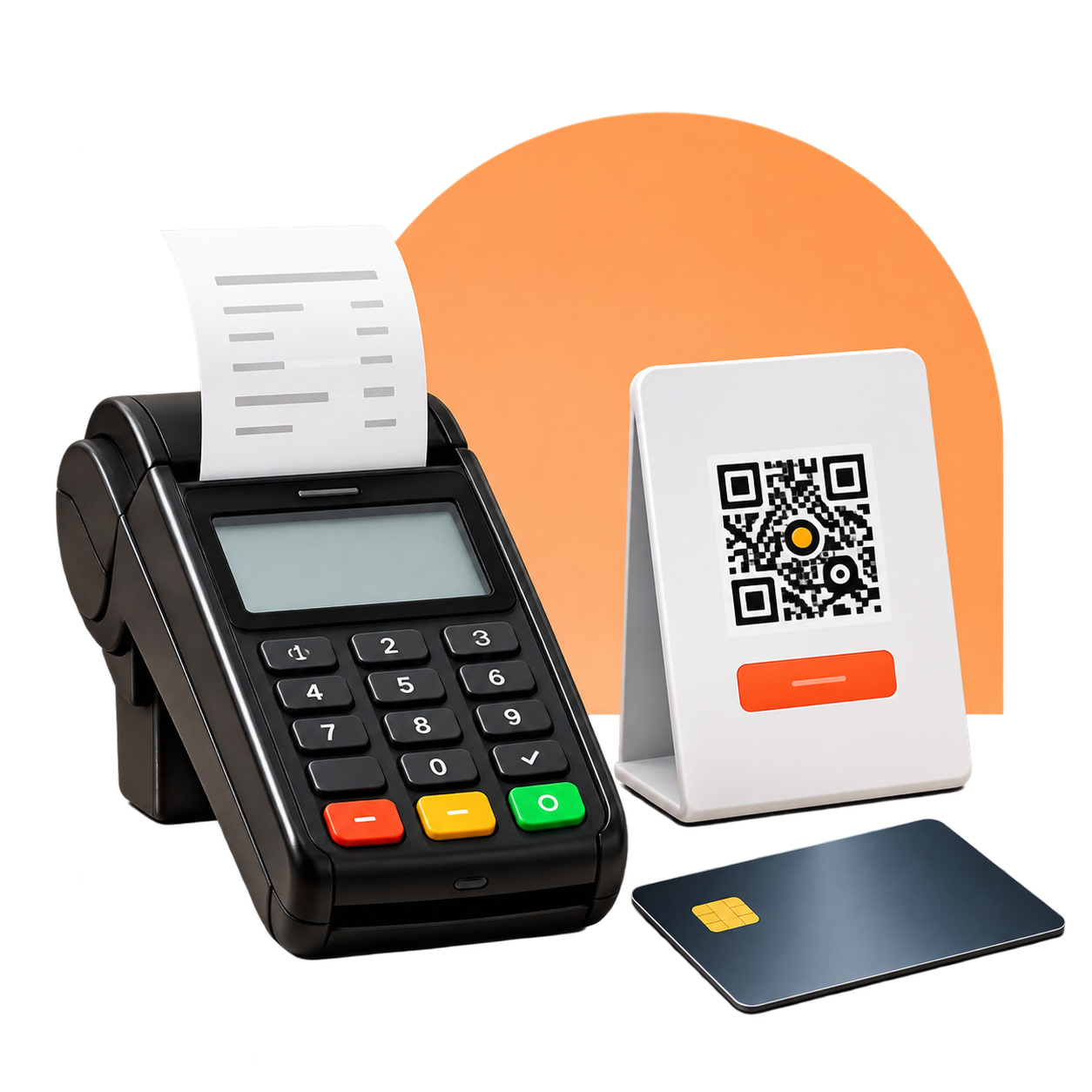 Payment terminal and QR stand for completing payment.