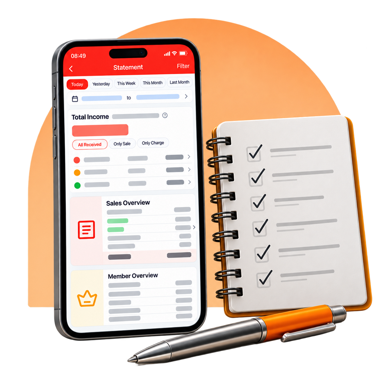 Mobile sales report beside a daily checklist.