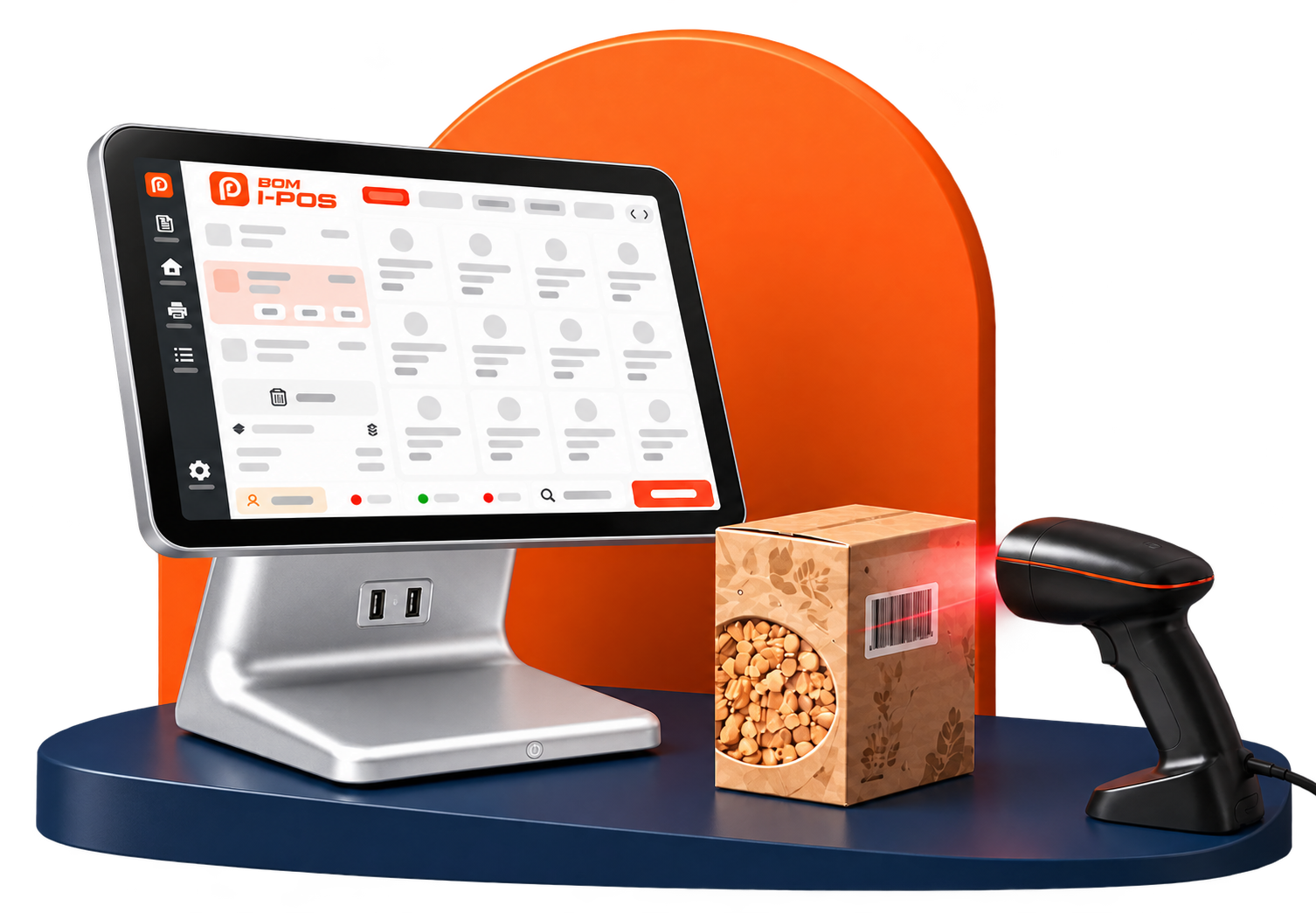 BOM i-POS retail terminal, barcode scanner and packaged goods